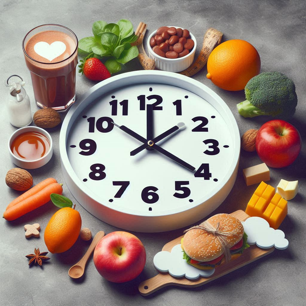 Clock and food representing intermittent fasting