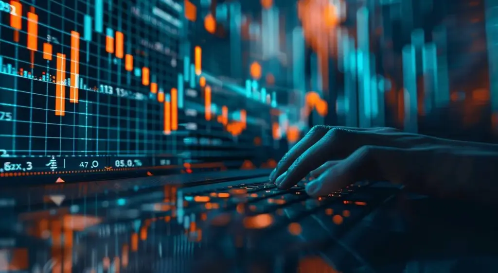 Stock market analysis with hands typing on keyboard, financial charts and graphs in blue and orange